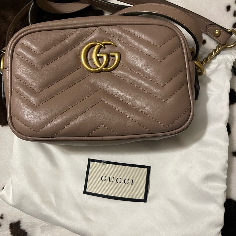 Gucci Taupe Leather Crossbody Bag with Gold Accents